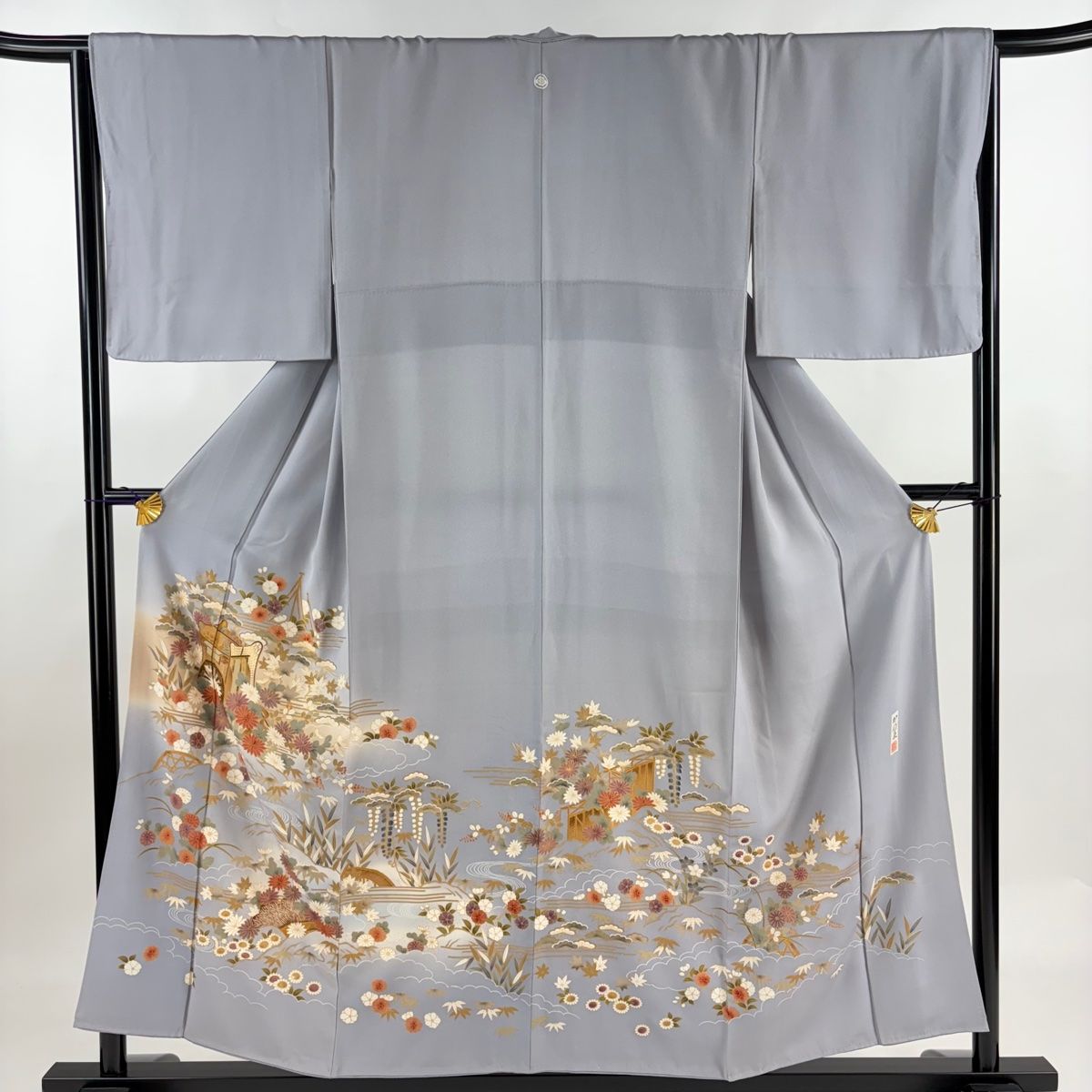 色留袖 身丈154cm 裄丈65.5cm M 袷 落款 御所車 松竹梅 金彩 ぼかし 青灰色 正絹 秀品 一つ紋