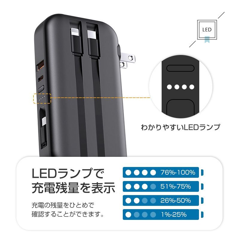 モバイルバッテリー 15000mAh 55.5Wh コンセント一体型 3本ケーブル内蔵 ケーブル不要 5台同時充電 USB-C出入力ポート Type-Cケーブル PD20W 折りたたみ式プラグ iPhone/iPad/Android各機種対応 pd充電器