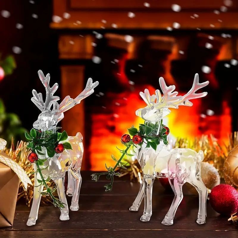 透明感あふれるアクリルトナカイ置物セット - クリスマス赤いベル付きオーナメント (2個セット)