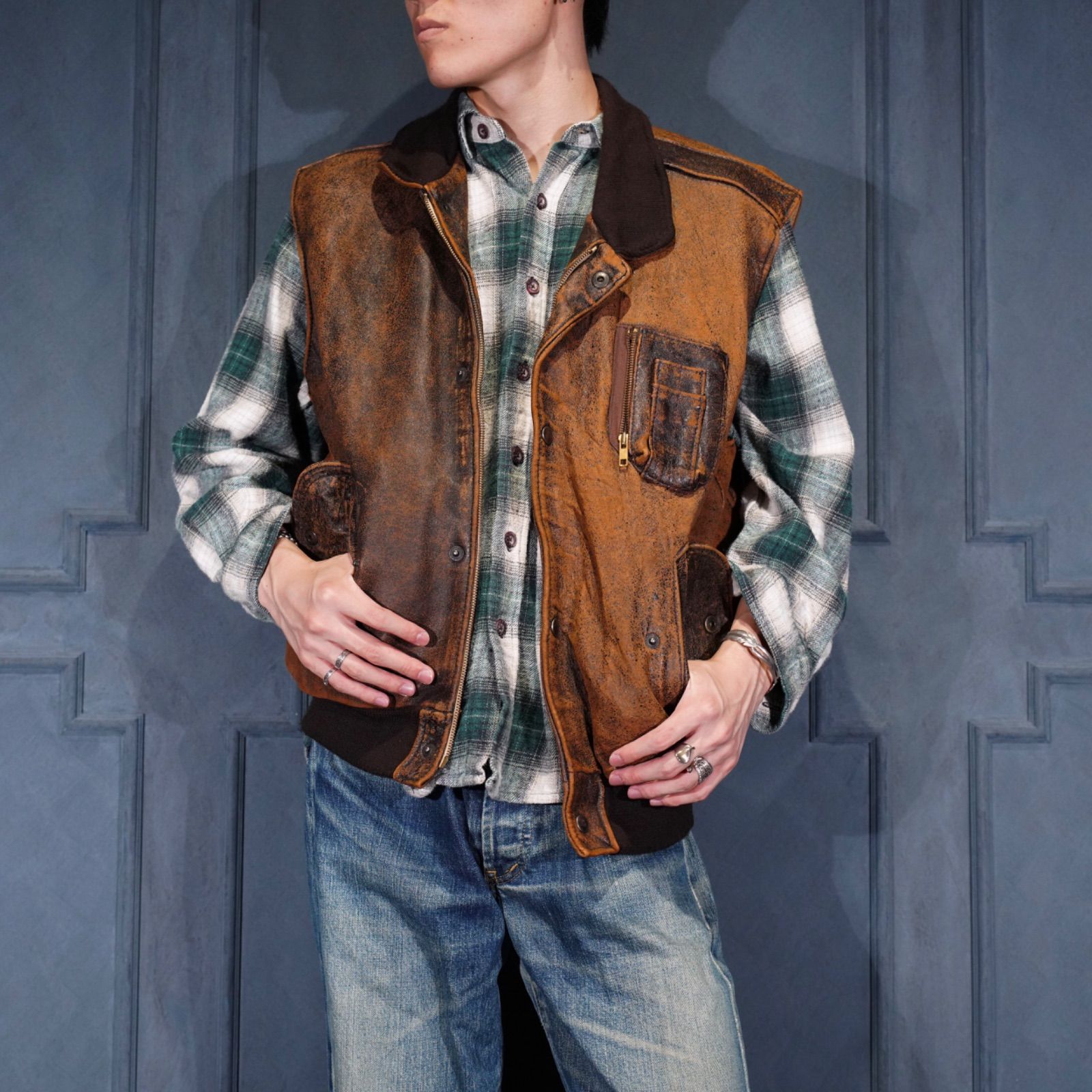 EU VINTAGE CHARLES CHEVIGNON PARIS FADED DESIGN FLIGHT LEATHER VEST|ヨーロッパ古着フェードデザインフライトレザーベスト