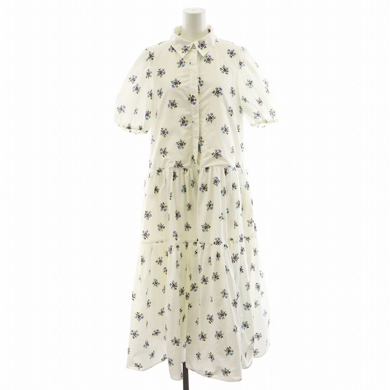 オブリ OBLI タフタフラワーシャツワンピース ロング丈 半袖 花柄 0 白  