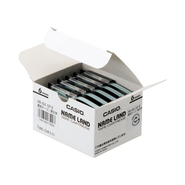 (まとめ）カシオ CASIO ネームランド NAME LAND スタンダードテープ 6mm×8m 透明/黒文字 XR-6X-5P-E 1パック(5個)