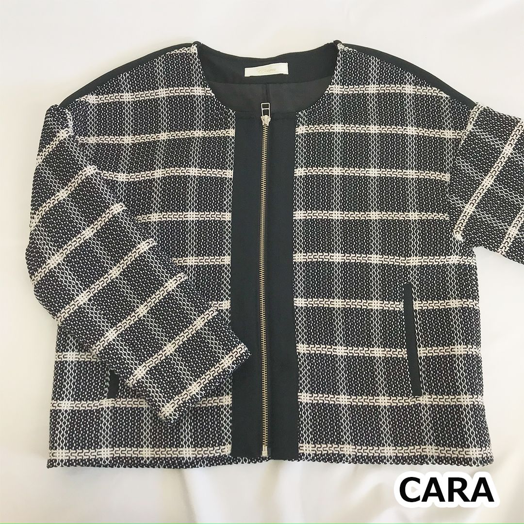 美品 】 CARA カーラ ツイード ノーカラー ジャケット ブラック