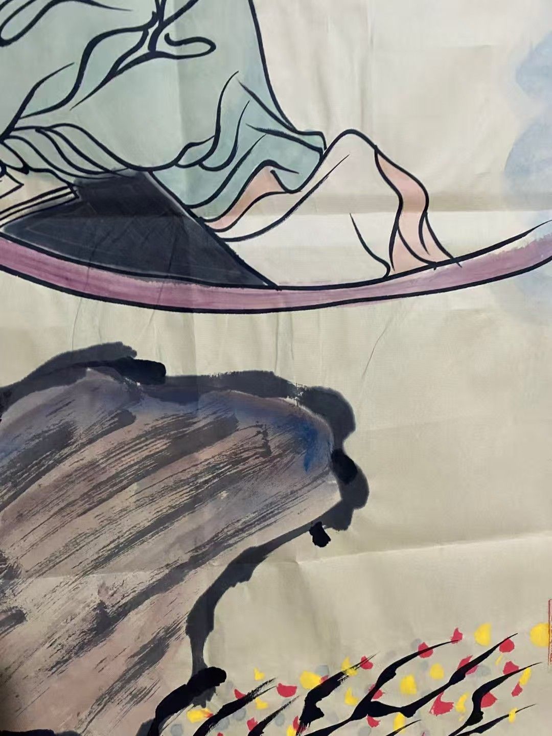 中国古美術・仕女図三尺画芯・唐寅印款・水墨彩色画・純手描き