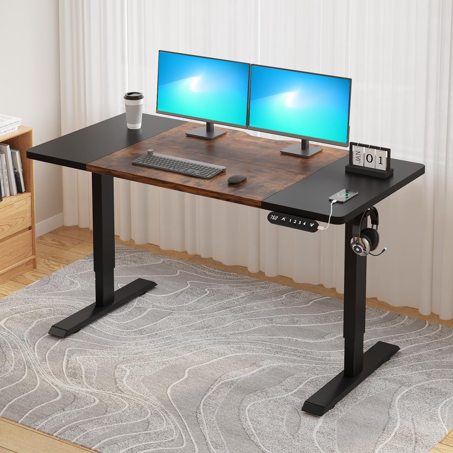 140CM×60CM 電動昇降式机 パソコンラック スタンディングデスク オフィスワークテーブル 昇降式 高さ調節 メモリー機能付き デスク USB充電ポート付き 高さ bilbil 69-115CM brown