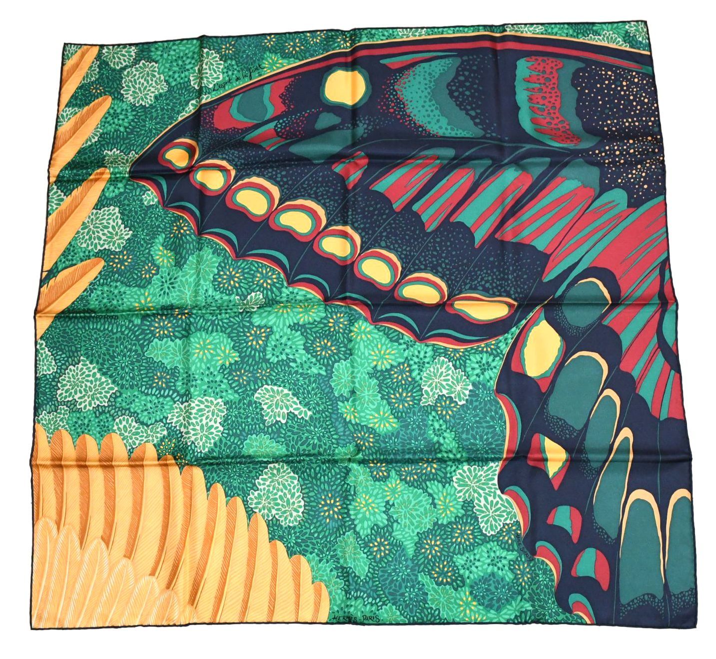 Hermes エルメス スカーフ 90 森のエスプリ 蝶 緑 シルク カレsilk Scarf L’Esprit de la Foret