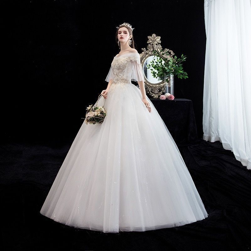 花嫁 二次会 ウエディングドレス 結婚式 ロングドレス プリンセスラインドレス オフショルダー 白 挙式 披露宴 ブライ