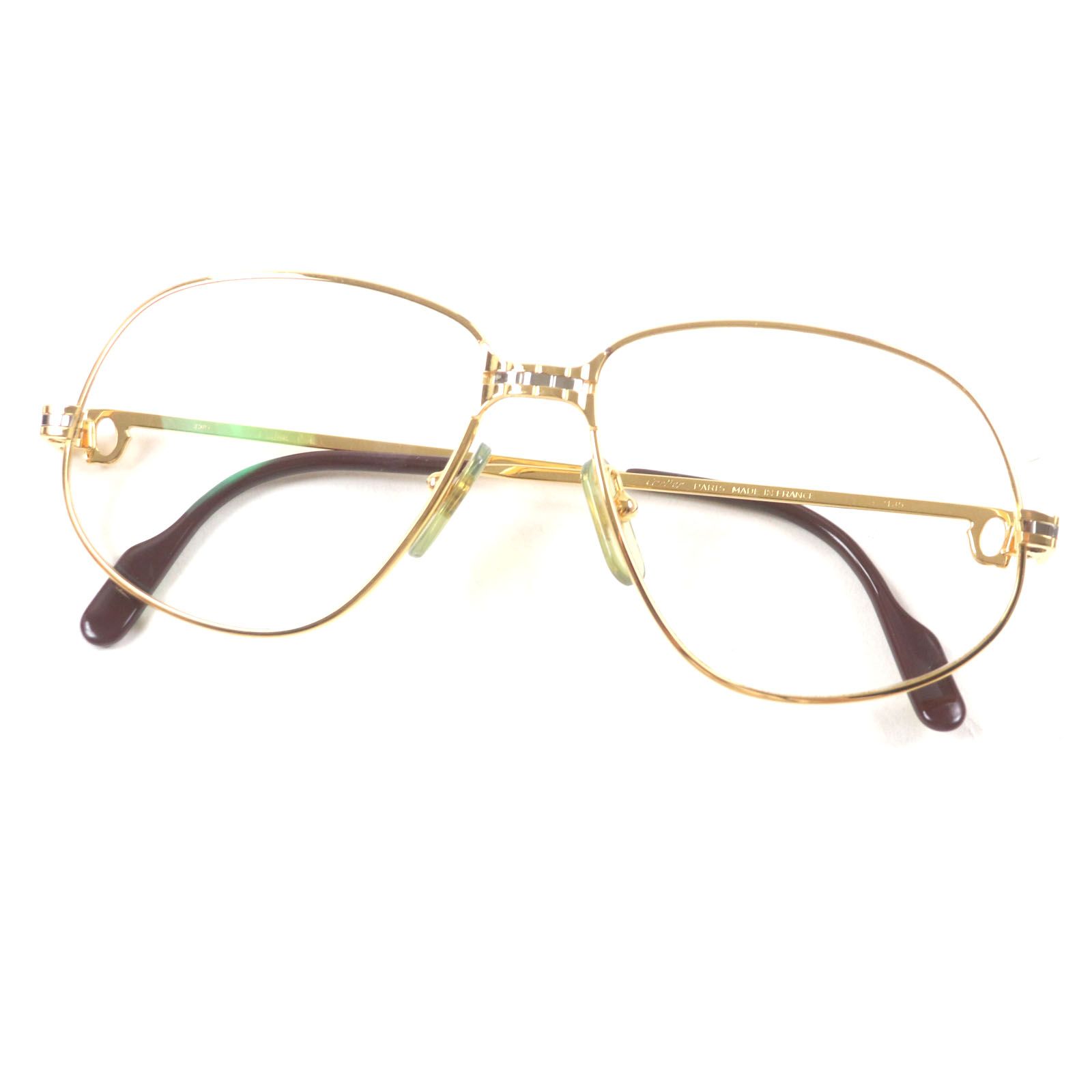 美品●Cartier カルティエ マイヨン パンテール ロゴ入り 度入り メガネ/アイウェア ゴールド×ボルドー 56□17 135 フランス製 美品▽Cartier カルティエ ヴィンテージ マイヨン パンテール ロゴ金具