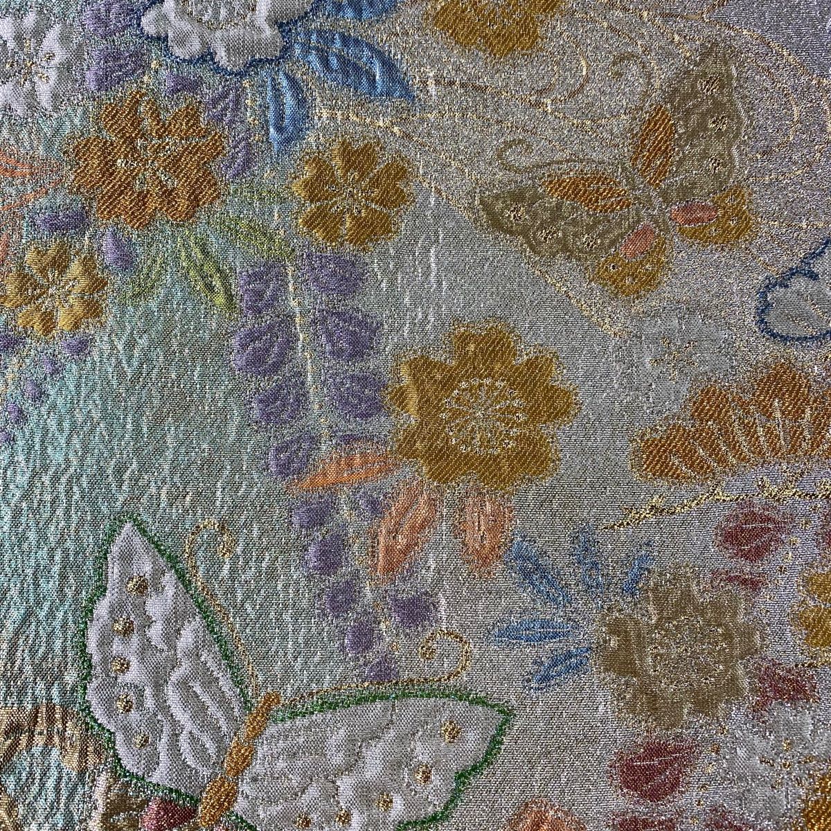 袋帯　六通柄　薄緑 袋帯 美品 秀品 草花 山 金銀糸 薄緑 六通 正絹 【中古】 - メルカリ