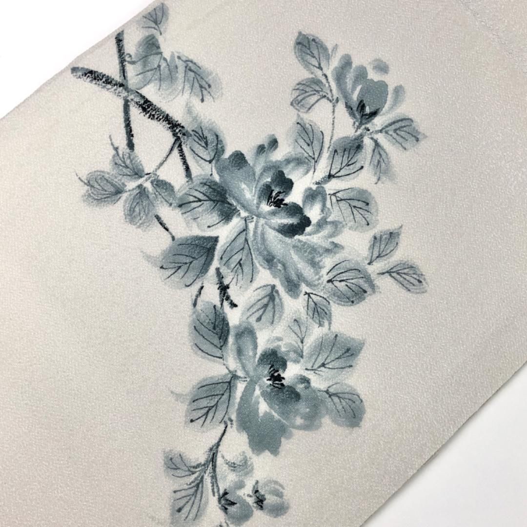 名古屋帯 作家物 花柄模様 縮緬 卯の花色 O-5551