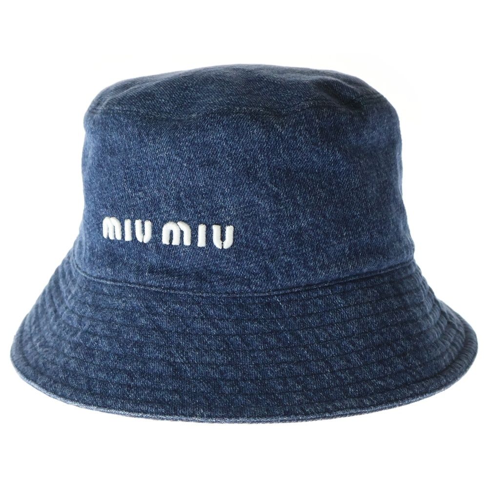 miumiu ミュウミュウ ロゴ刺繍 デニムコットンバスケットハット 帽子 インディゴブルー レディース 5HC196