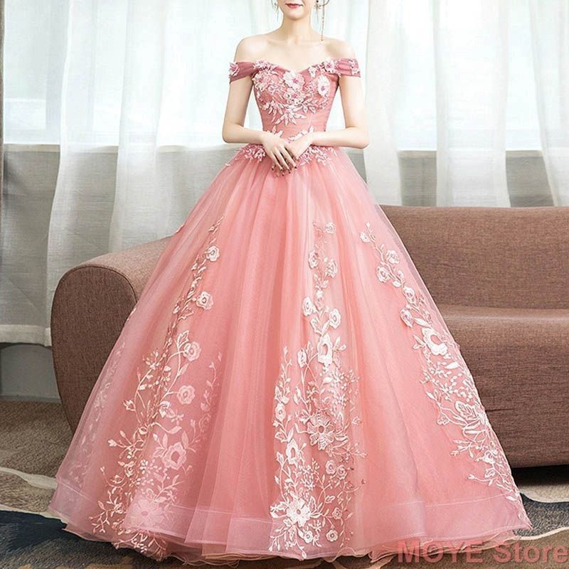 ウエディングドレス カラードレス ピンク オフショルダー 花刺繍 結婚