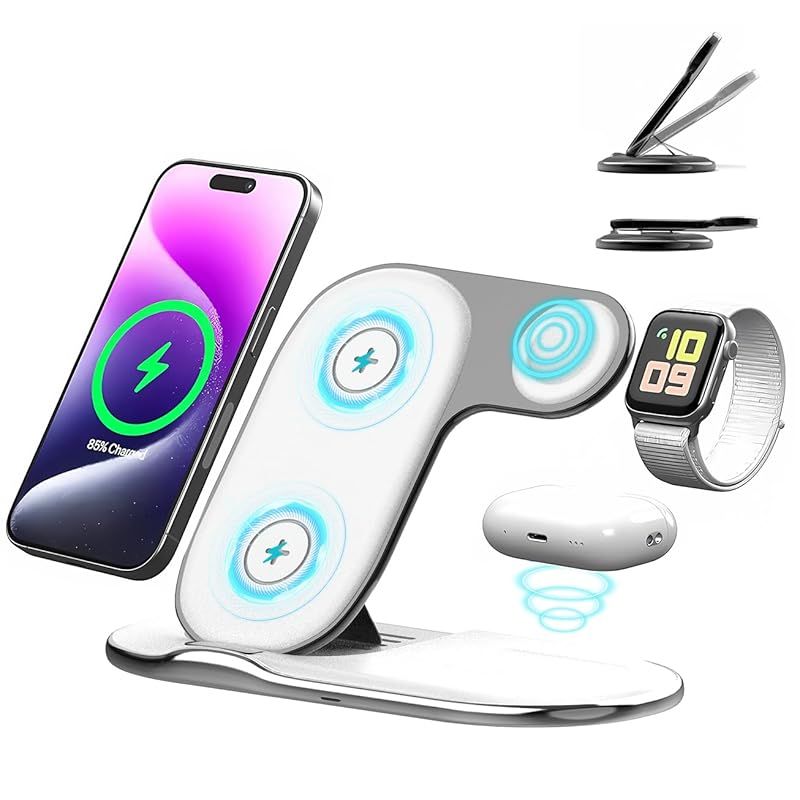 【2024新登場】QUARC 3in1 ワイヤレス急速充電器 Qi認証 折り畳み式 マルチ充電スタンド 急速 Quick Charge 3デバイス同時充電 最大15W出力 同時にiPhone/Apple Watch/Airpodsに対応 iPhone 1