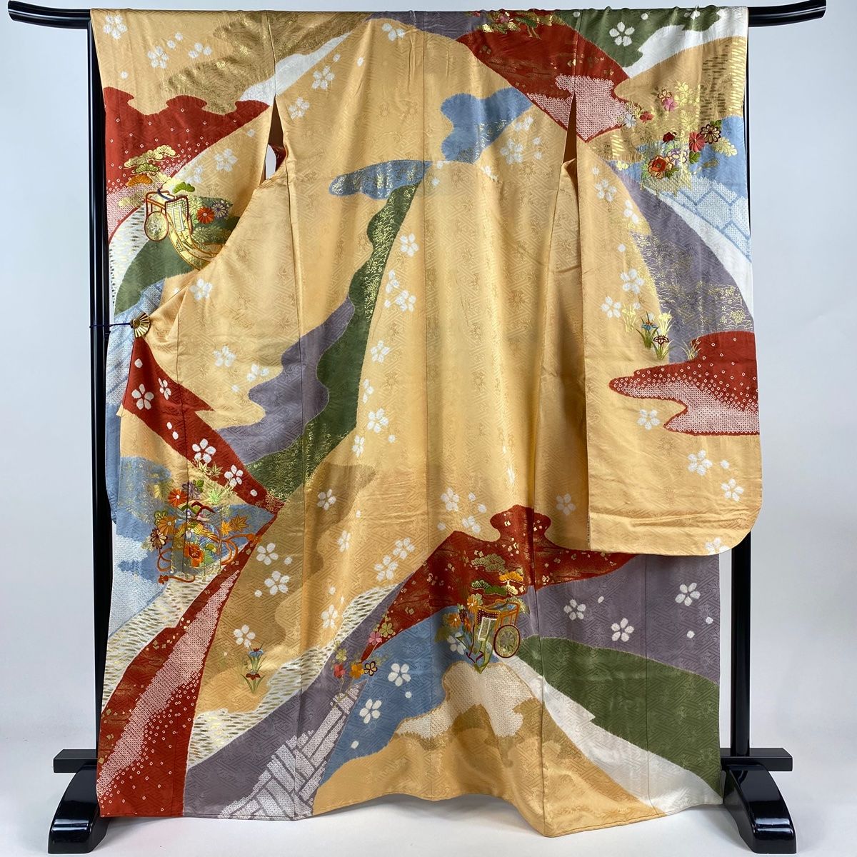 振袖 身丈166.5cm 裄丈68.5cm L 袷 ふき棉仕立て 貝桶 花鳥 金糸 刺繍 オレンジ 正絹 名品