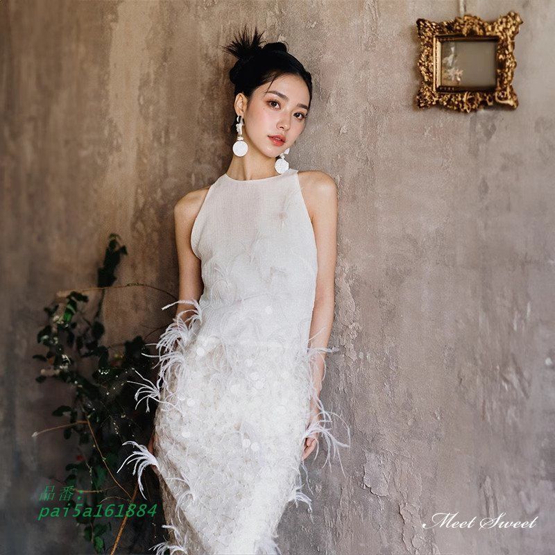 ウェディングドレス ロングドレス スレンダーライン フェザー ノースリーブ 二次会 サテン 挙式 ウエディングドレス 前撮り ブライダル 結婚式 花嫁 pai5a161884