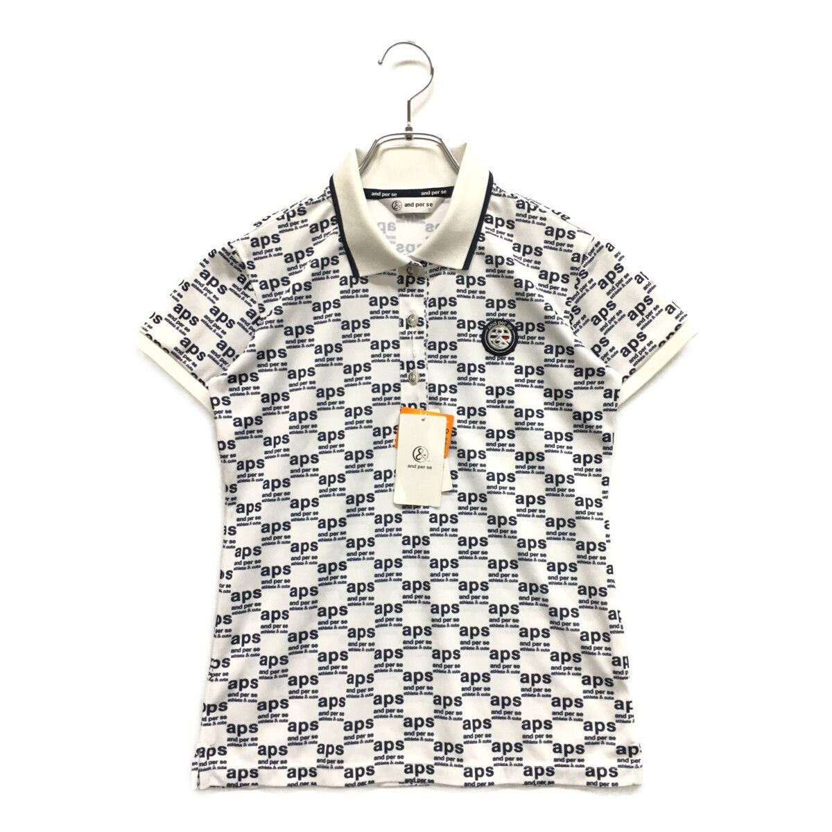 未使用品 レディース アンパスィ and per se 半袖ポロシャツ S 白×紺 総ロゴ柄