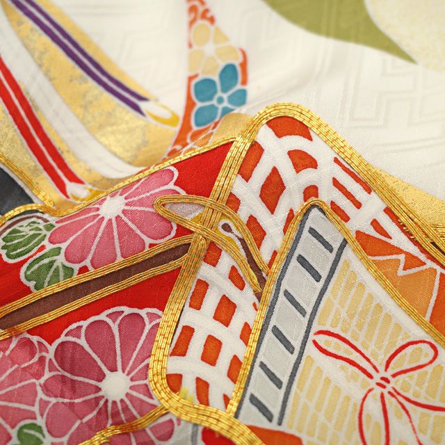 振袖☆成人式【正絹】☆身丈167 ☆黄土色系　★中古 振袖 身丈169.5cm 裄丈68cm L 袷 菊 扇面 金糸 銀通し 青緑 正絹