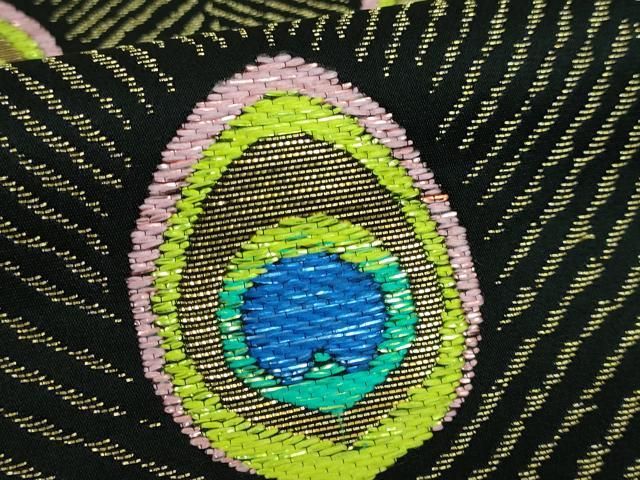 平和屋本店□極上 龍村美術織物 龍村製 九寸名古屋帯 孔雀連文 黒地 金