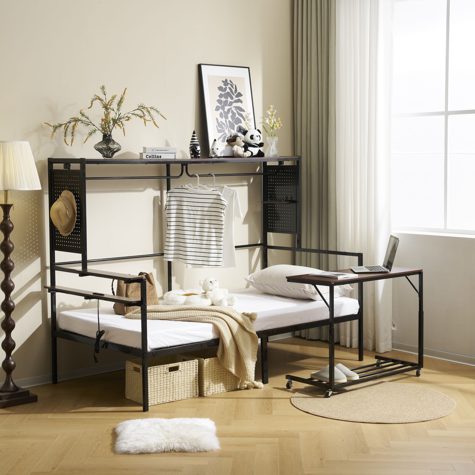 ホワイトシステムベットロフトベッド シングル スチールネット付き移動型デスク付き 新作】【ホワイト】 システムベット ロフトベッド シングル