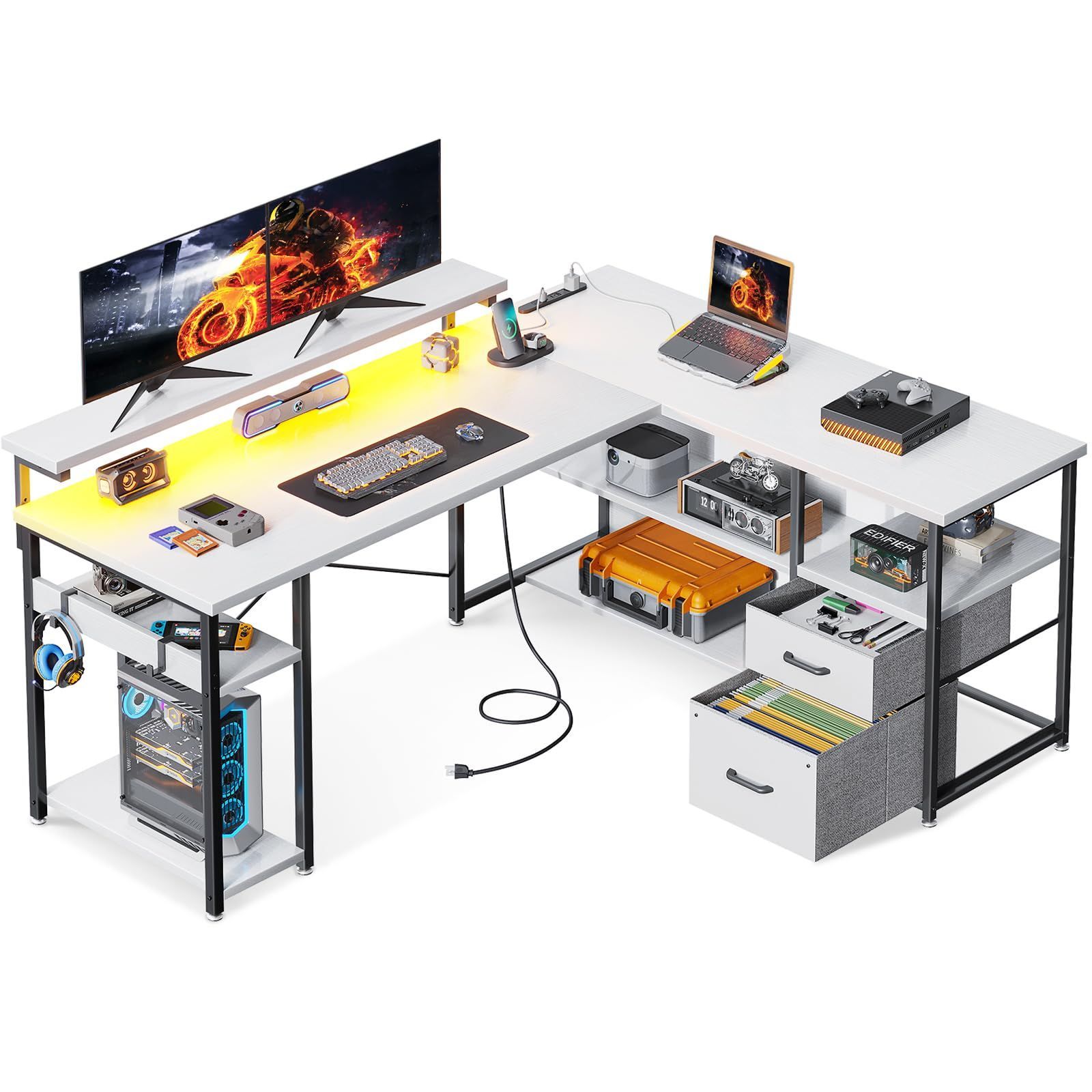 新着商品 pcデスク 収納 棚付き 幅135cm オフィスデスク 机 デスク 仕事用 l字デスク 在宅勤務 コンセント付き ゲーミングデスク 組立簡単 引き出し2杯付き パソコンデスク ホワイト ODK