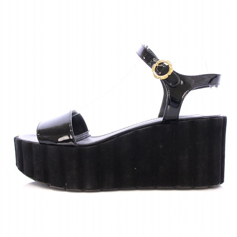 フェラガモ　エナメル ストラップサンダル フェラガモ】本物 Ferragamo 靴 21.5cm 黒 ヴァラリボン バック
