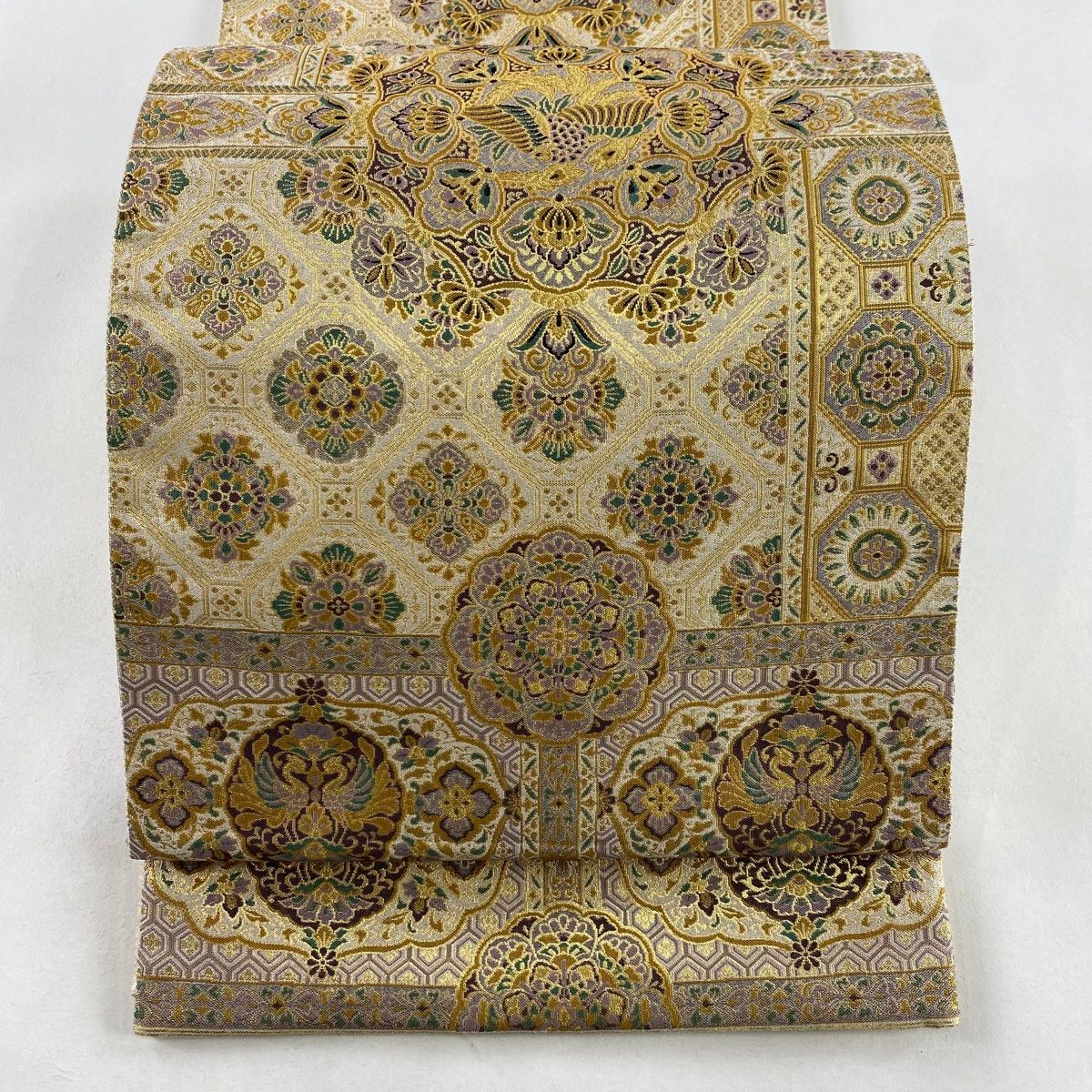 袋帯 秀品 落款 華文 花鳥 箔 金色 六通 正絹