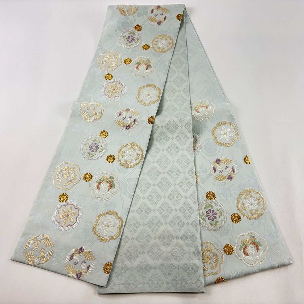 袋帯 美品 名品 宮廷有職文様 菊 金糸 薄緑 六通 正絹 【中古