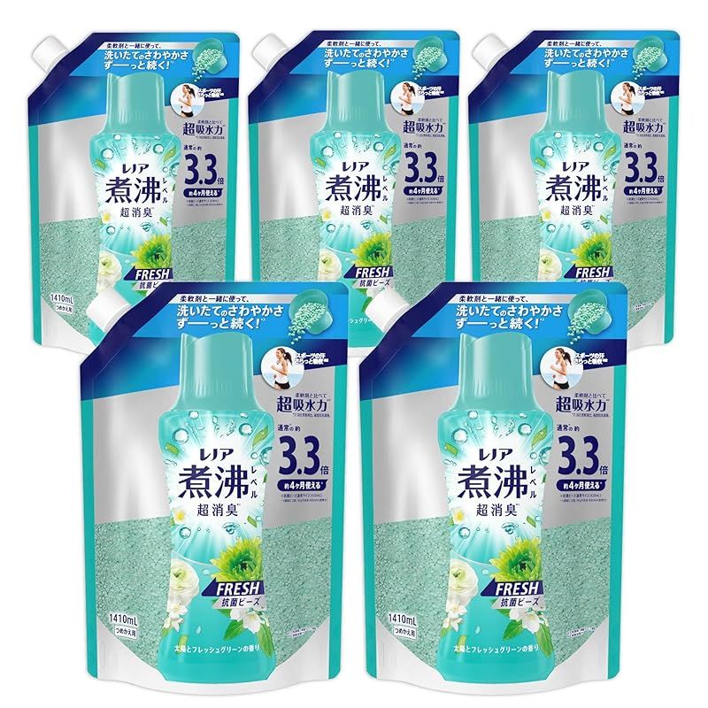 Lenor レノア 煮沸レベル超消臭* 抗菌ビーズ FRESH 太陽とフレッシュグリーンの香り 詰め替え 1410mL×5袋 ケース品 柔軟剤と一緒に使って効果長続き