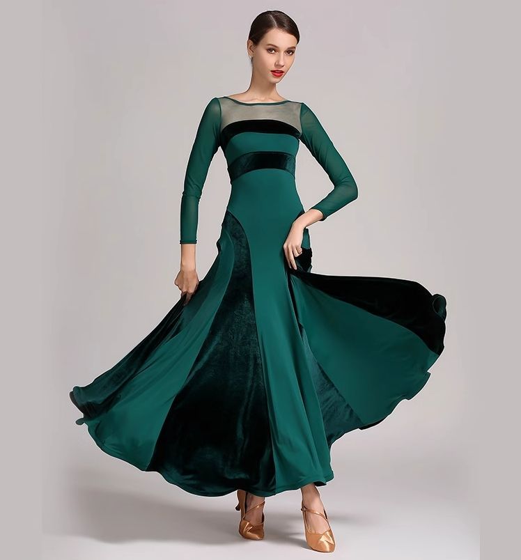 社交ダンス　モダンドレス　ロングスカート　グリーン 社交ダンスモダンドレスロングスカートグリーン