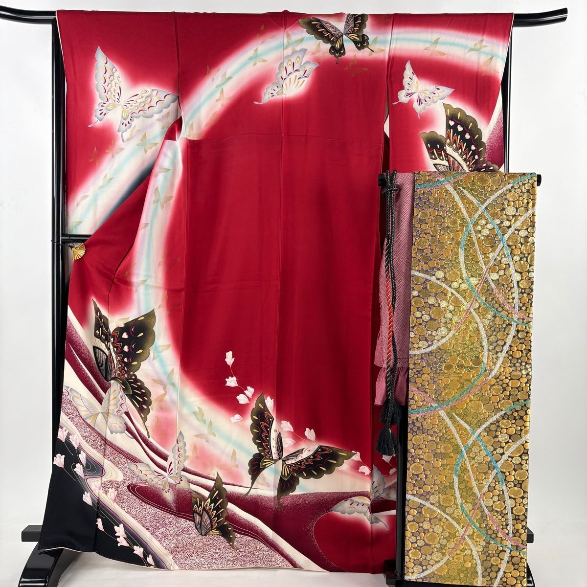 振袖 身丈167cm 裄丈66cm M 袷 袋帯フルセット 蝶 花 金彩 ぼかし 赤 正絹 秀品