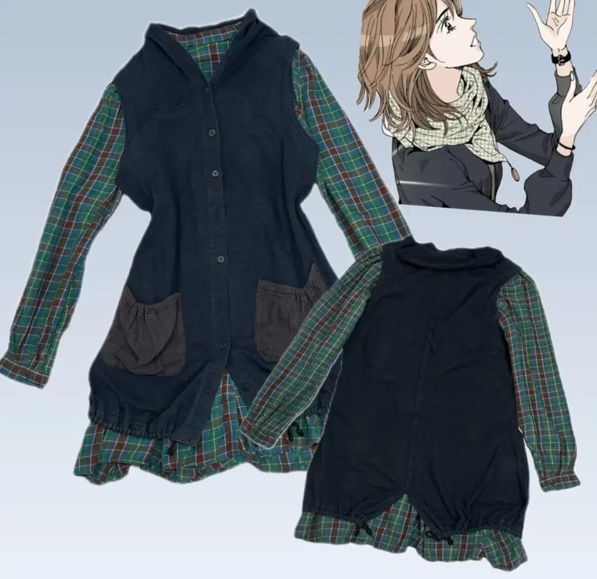 日本 ヴィンテージ 秋 はぐみ バ 선 생 フィット グランジ グリーン チェック柄ワンピース ベスト コーディネートセット