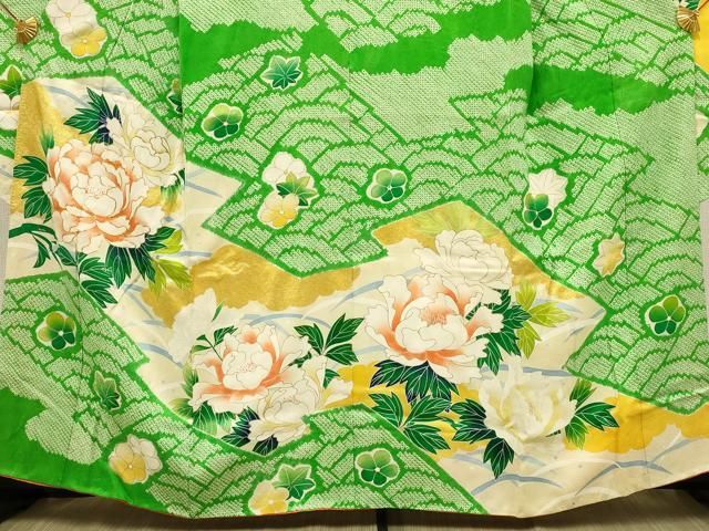 平和屋着物□豪華振袖 駒刺繍 絞り 吉祥花文 金彩 牡丹 正絹 逸品