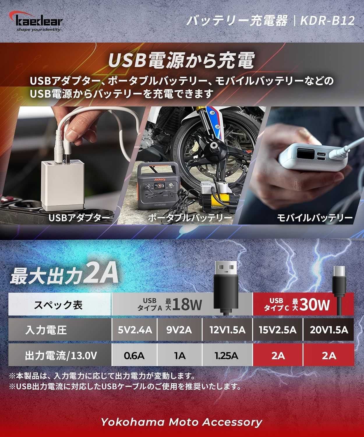 車両バッテリー＆USB充電の2WAY対応！駐車場でも快適充電｜高効率