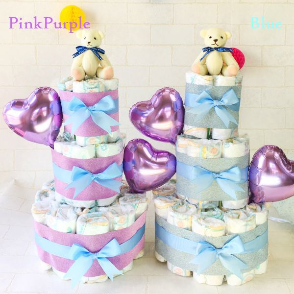 おむつケーキ・3段・女の子・特注オーダー品 おむつケーキ 女の子 出産祝い ベビーベア 3段 靴下 スタイ付