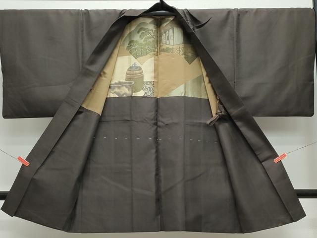 平和屋着物○男性 お召 羽織セット 憲法黒茶色 赤墨色 正絹 逸品  