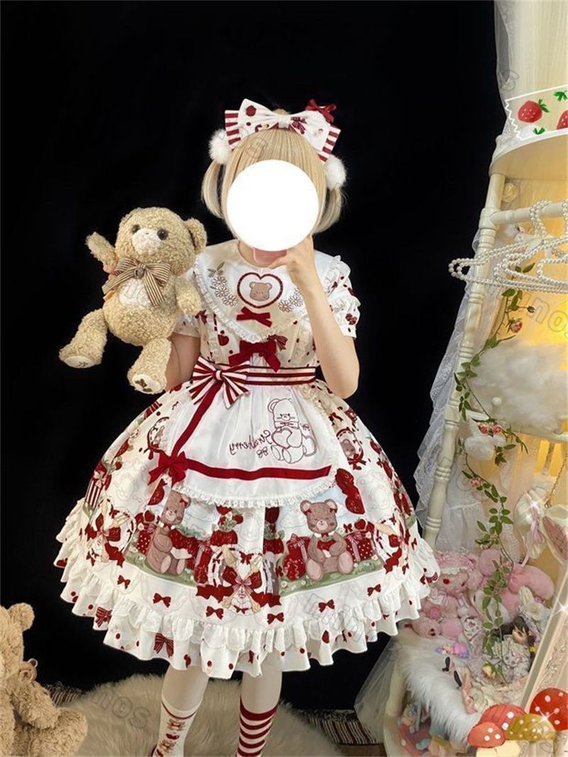 甘ロリの可愛さ溢れるいちご＆くま柄 エプロン付きドール風デザイン