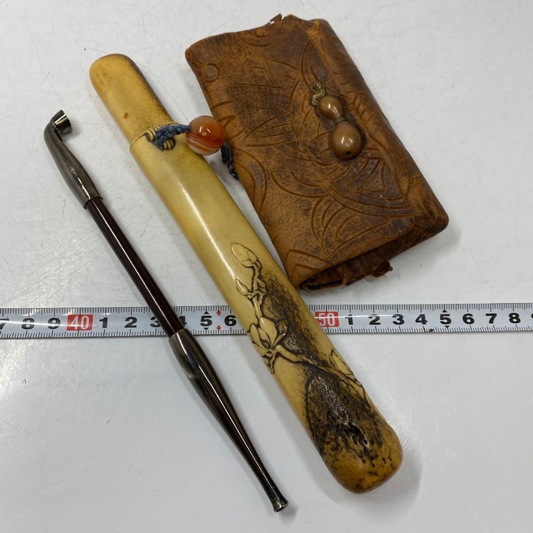 江戸時代 鹿角製 キセル筒 銀煙管皮型 煙草入れ トコヒ 東さ5-06162F