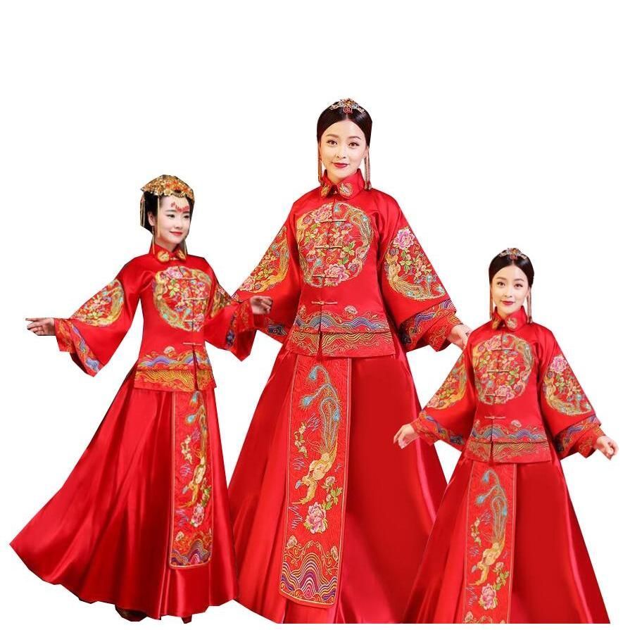 豪華中華服 上下二点セット 赤 刺しゅう 中国古典風ウエディングドレス チャイナ服 華流コスプレ舞台ステージ衣装 女性 イベントチ
