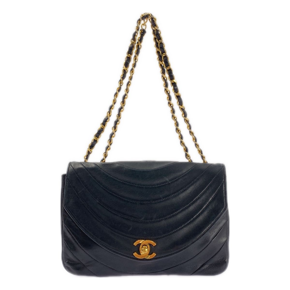 CHANEL | シャネル | ラムスキン ターンロック ウェーブステッチ チェーン ショルダーバッグ | ブラック|ゴールド | レディース