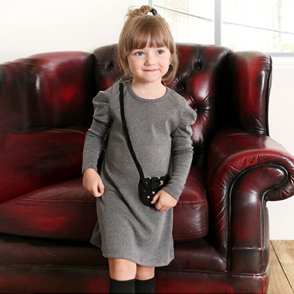 CHARCOALGRAY  120cm  シャネリアワンピース キッズ ワンピース 女の子 長袖 キッズワンピース 10006024 長袖ワンピース 冬 秋冬 パフスリーブ ポケット付き ポシェット付き レトロ モダン 大人っぽ