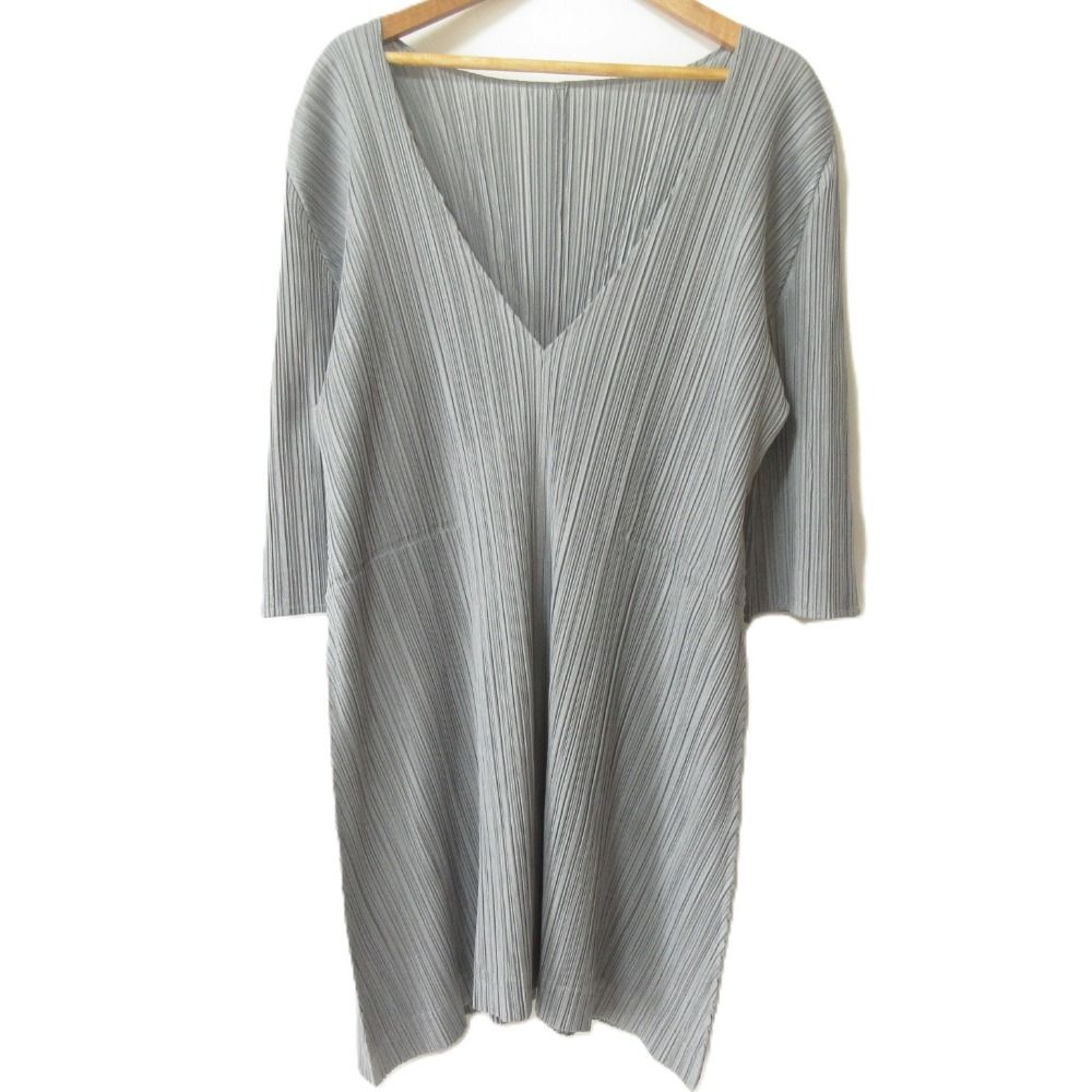 PLEATS PLEASE プリーツプリーズ イッセイミヤケ Vネック 七分袖 チュニック ワンピース PP03-JT463 サイズ3 グレー レディース 古着