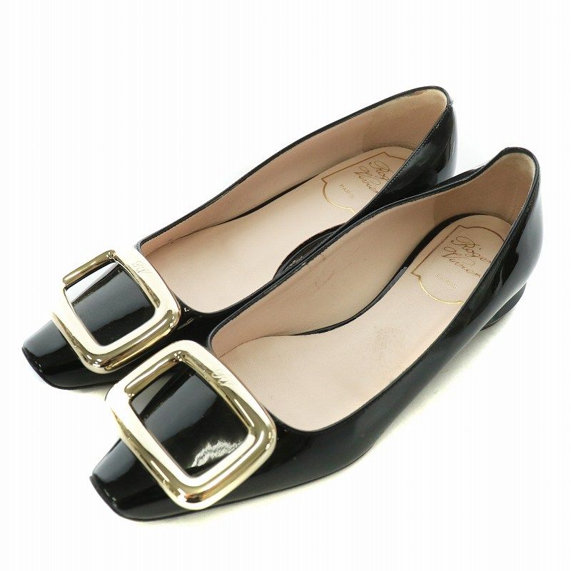 ロジェヴィヴィエ ROGER VIVIER メタルバックル レザー バレリーナ パンプス エナメル スクエアトゥ ローヒール ゴールド金具 35 22.5cm 黒 ブラック |XZ GY18