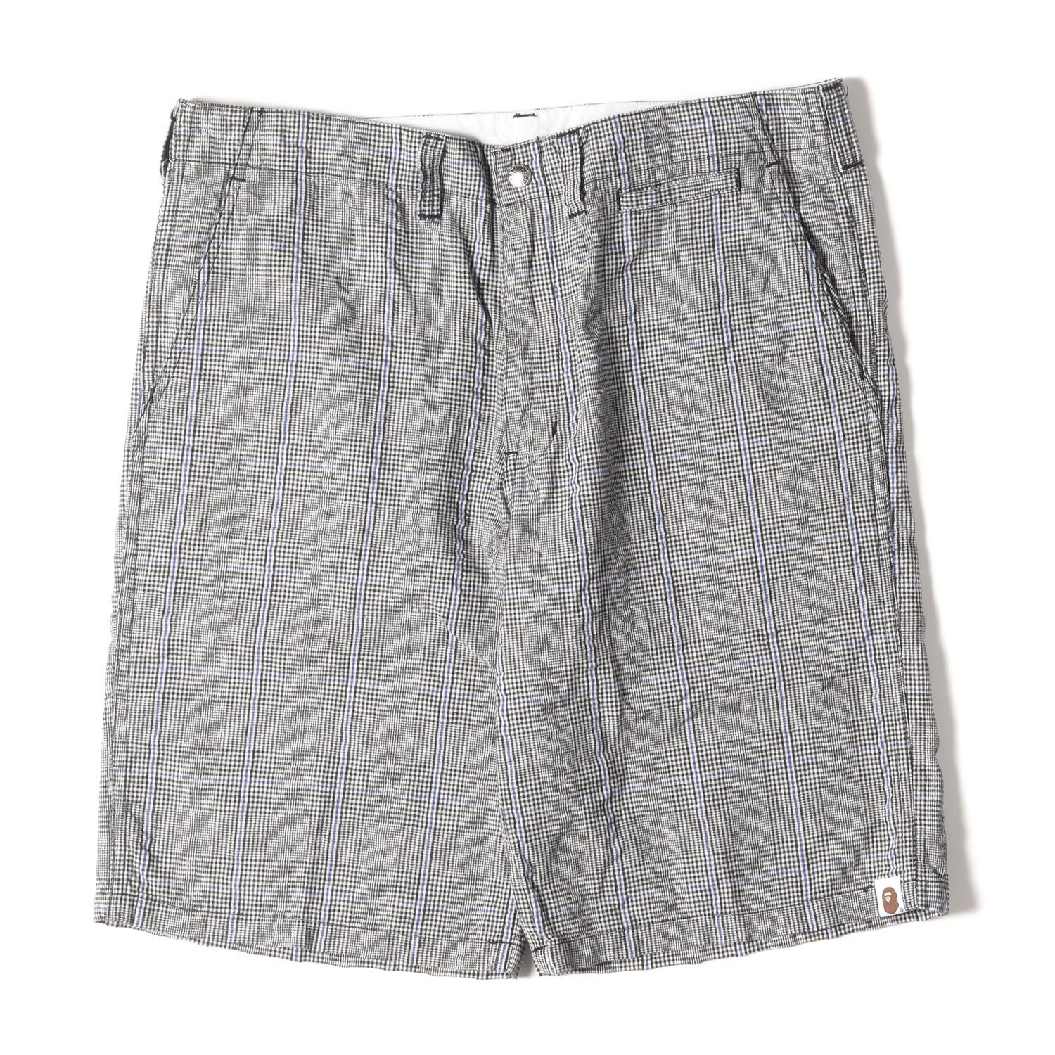 美品 A BATHING APE ア ベイシング エイプ パンツ サイズ:L グレンチェック コットン ショーツ グレー ブルー ボトムス ズボン ショートパンツ ストリート ブランド