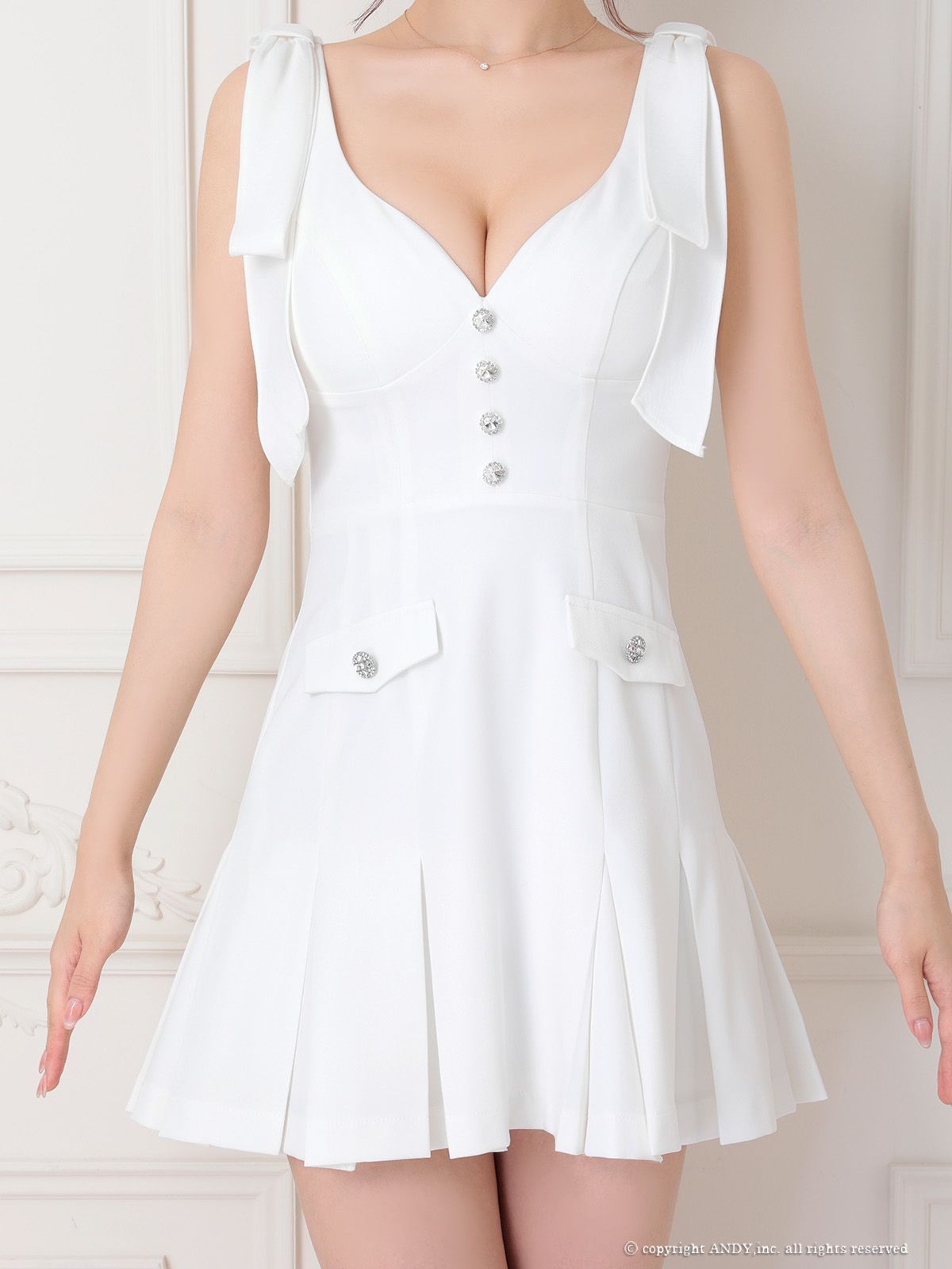 ホワイトS OF05 AOC3934-W-2506 an |アン ショルダーリボン| ラメ| ビジューボタン| Vネック| シンプル| ノースリーブ| プリーツ| フ | ミニドレス| キャバドレス WWW_USTAUSTRALIA_COM_AU