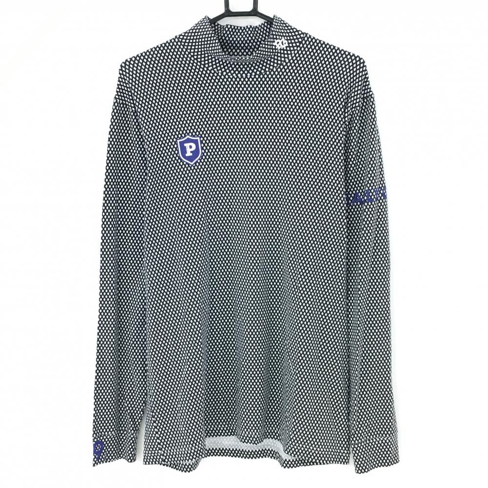 【美品】パーリーゲイツ 長袖ハイネックシャツ 白×黒 ダイヤ柄 コットン混 メンズ 6(XL) ゴルフウェア PEARLY GATES