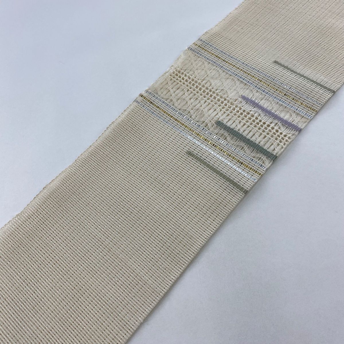 名古屋帯 秀品 夏帯 八寸名古屋帯 縞 幾何学模様 箔 ベージュ