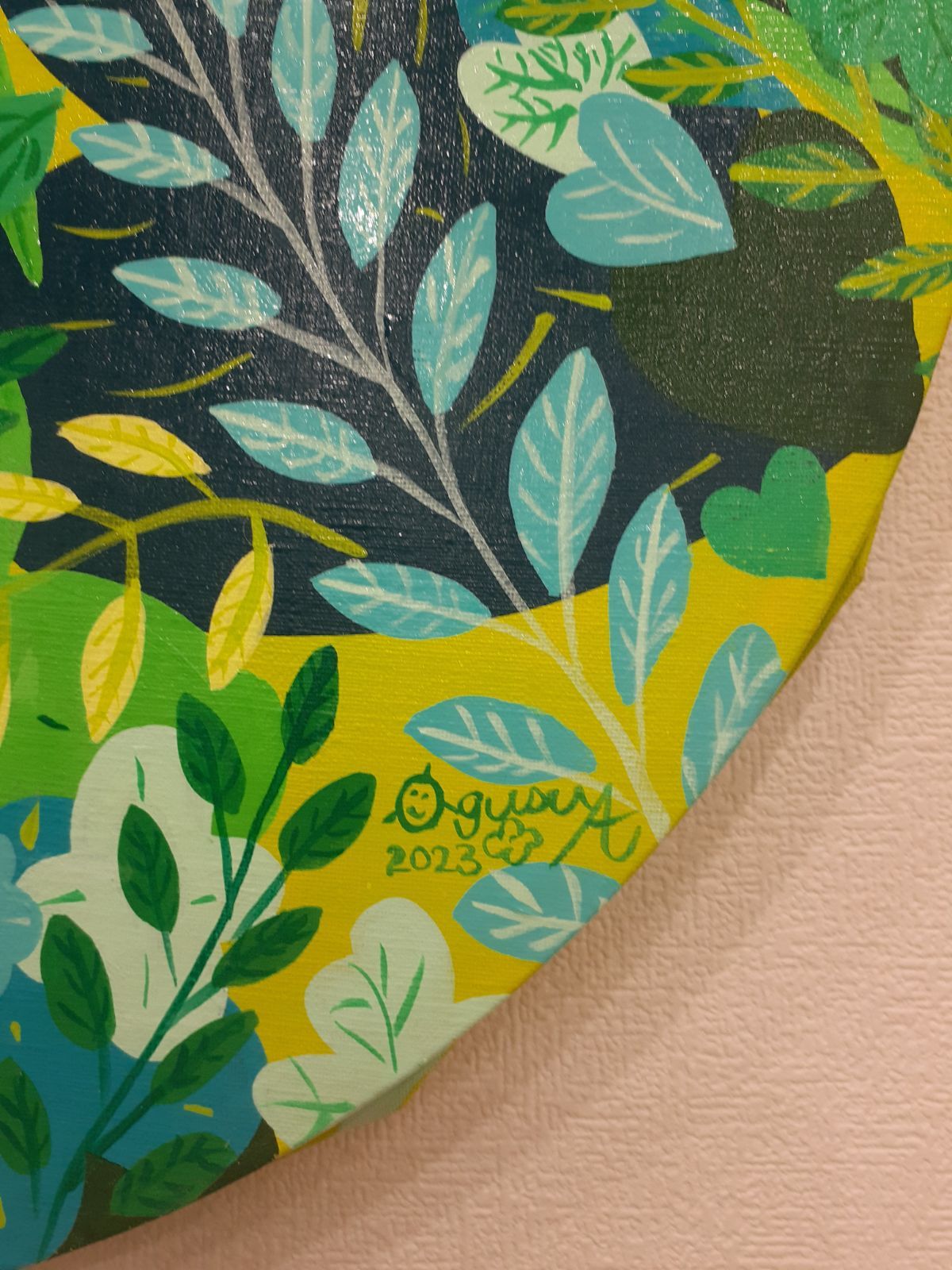 丸い緑だらけの作品 F10号 丸キャンバス アクリル絵の具 画家 小楠