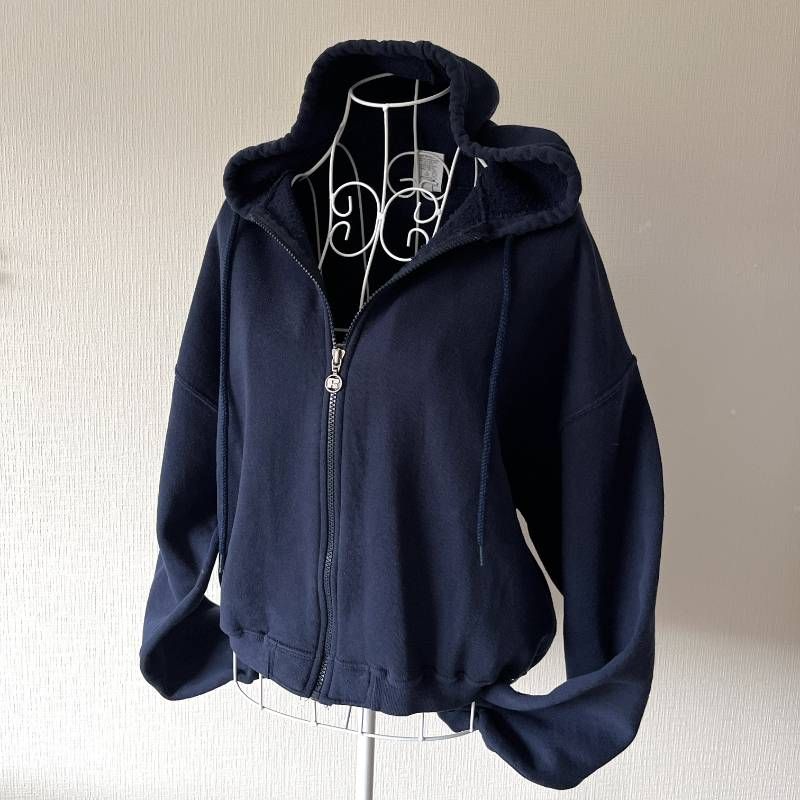 Russell Athletic Cropped Full Zip Hoodie Sweatshirt Navy Women's L