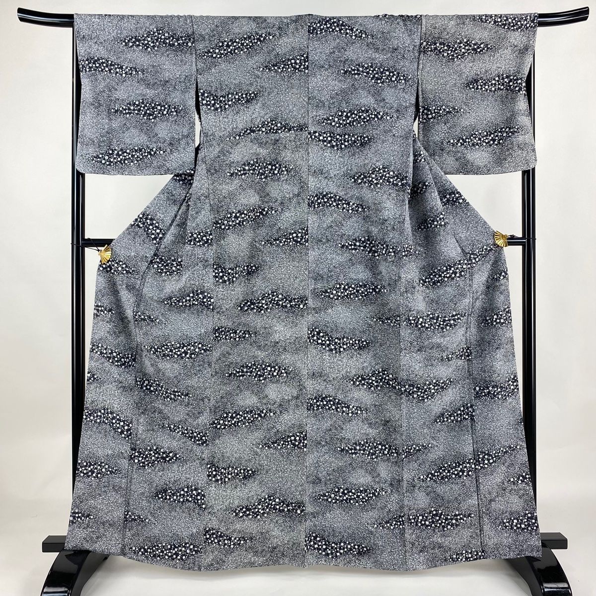 小紋 身丈162.5cm 裄丈68cm L 単衣 幾何学 ぼかし 黒灰 正絹 名品