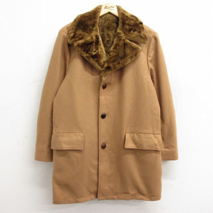 M/古着 長袖 ウール ジャケット ランチ コート メンズ 80s ロング丈 カシミア カシミヤ ベージュ カーキ 内側ファー spe 23dec27 中古 アウ